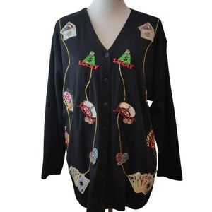 Bobbie C Womens NWT Size 1X Lucky Gambling Jackpot Blackjack Cardigan Sweater
